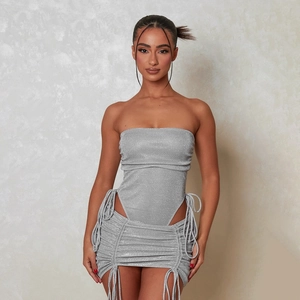 Women Sexy Shiny Glitter Top And Skirt Strapless Ruched Drawstring Mini Skirt Clubwear Outfit Top And Bottom