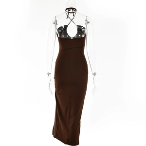 Detail of deep brown halter dress showing backless design with neck tie on model