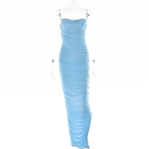 Detail of ruched bodycon long dress in sky blue with elegant slim fit textures