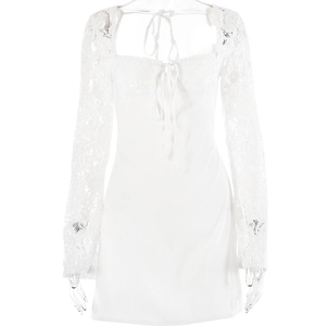 Elegant white square neck mini dress with floral lace long sleeves and bow tie detail