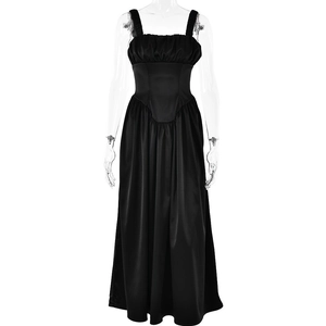 Elegant black satin sleeveless backless dress with a pleated bodice and long draped skirt