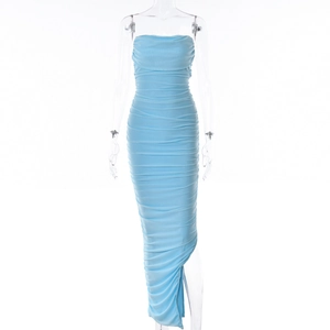 Light blue strapless bodycon maxi dress with ruched fabric and high slit detail