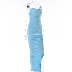 Detail of light blue bodycon dress with side ruching and asymmetrical cut hemline