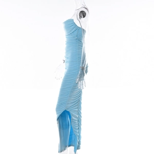 Detail of light blue bodycon maxi dress featuring pleated fabric and high side slit