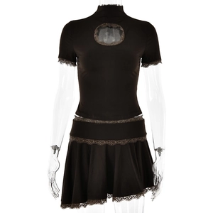 Women's 2-piece coffee set with heart cutout lace top and pleated mini skirt