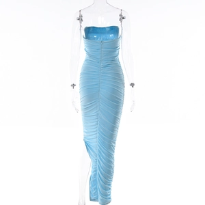 Close-up of light blue bodycon maxi dress with side slit and elegant ruching details