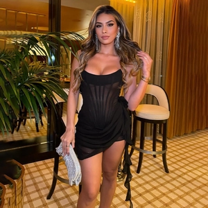 Sexy black mesh corset dress with sheer panels and ruffle details for women's party wear