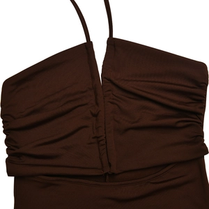 Detail view of brown halter dress with central V-cut and ruching chest texture