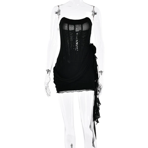 Sexy black corset style tube dress with mesh details and ruffled side layers