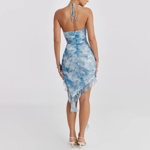Halter neck backless mini dress with blue tie-dye print and ruffled hemline