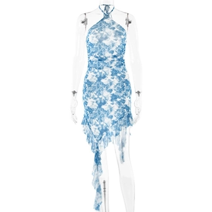 Halter neck backless mini dress with blue floral print and asymmetrical ruffle hem