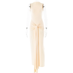 Robe longue beige sans manches avec col rond et détail de taille nouée pour femmes chic