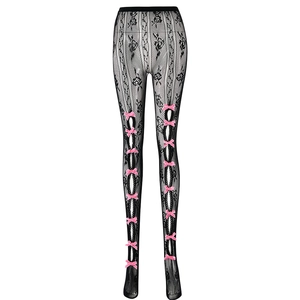 Leggings en dentelle noire respirante avec nœuds en satin rose, coupe ajustée