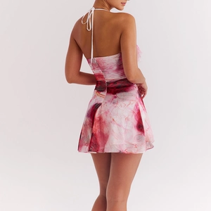 Sexy halter neck backless mini dress with pink abstract ink print and mesh texture