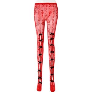 Collants sexy en dentelle florale rouge avec découpes et nœuds en satin noir