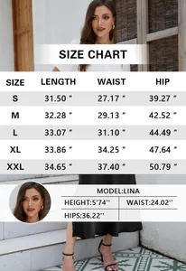 Detailed size chart for satin midi skirt covering length, waist, and hip from S to XXL