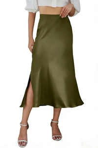 Detailed view of olive green satin skirt featuring elegant side slit and high elastic waist