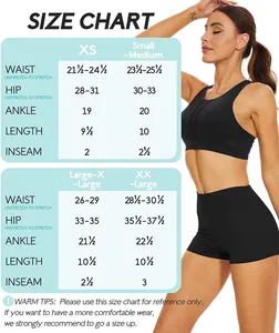 Size chart for high waisted sports yoga shorts with measurements for XS to XXL sizes