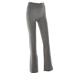 Detail of high-waist flared knit trousers in dark grey with elegant metal buckle