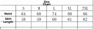 Detailed size chart for high waist skirt showing waist and length measurements from S to 2XL