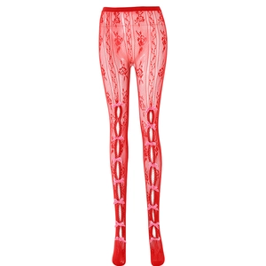 Leggings en dentelle rouge sexy avec motifs floraux et nœuds en satin rose