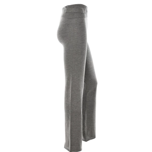 Detail of high waisted grey knitted trousers with wide ribbed band and silver buckle