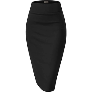 Detail view of high waist black pencil skirt showing wide waistband and slim fit cut