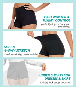 Detail showing high waisted yoga shorts with 4-way stretch and moisture-wicking fabric