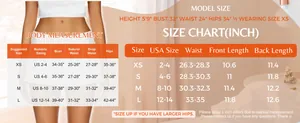 Detailed size chart for women's low rise mini skirt with model measurements and fit guide