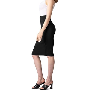 Side view of high-waisted black midi pencil skirt showing slim fit and hip lift design