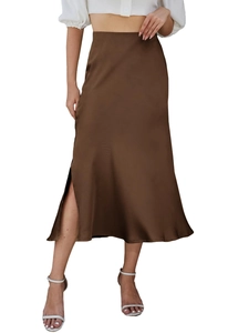 Detail of the elegant brown satin midi skirt featuring a side slit and silky texture