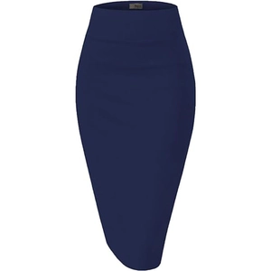 Detailed close-up of navy blue high-waisted pencil skirt with elastic blend fabric