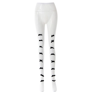 Leggings blancs respirants avec nœuds noirs et motif en tricot de dentelle