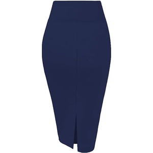 Detail of high waisted navy blue pencil skirt with back slit and slim fit cut