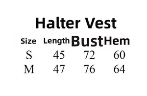 Detailed size chart for women's halter sports tank top showing length and bust in CM