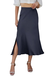 Detail of high-waist dark blue satin midi skirt with side slit and silky drape texture