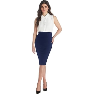 Detail of high-waist navy pencil skirt paired with a white sleeveless lapel shirt