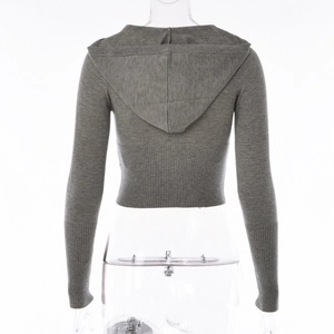 Back view of gray knitted hooded cardigan showing slim fit cut and ribbed hem detailing