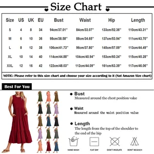 Tableau des tailles détaillé pour robe longue sans manches avec mesures de poitrine