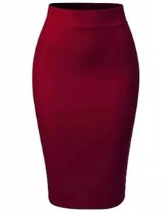 Detailed view of burgundy high waist pencil skirt with elegant slit and slim fit design
