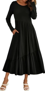 Détail d'une robe midi noire à manches longues avec jupe plissée et poches latérales utiles