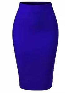 Detail of royal blue high waist pencil skirt featuring slim fit and sleek stretch fabric