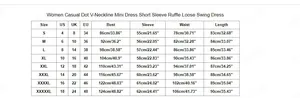 Detailed size chart for women's V-neck polka dot mini dress from size S to 5XL
