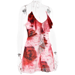 Detail of red floral halter neck dress with deep V ruffle neckline and open back design