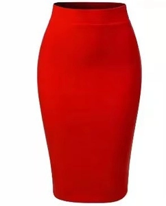 Front view of a high-waisted red midi pencil skirt with a slim-fit bodycon silhouette