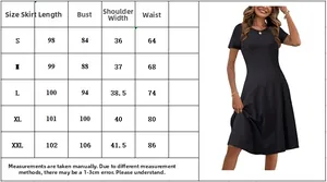 Detailed size chart for short sleeve slim fit dress showing length bust and waist measurements