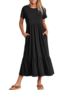 Women's casual black short sleeve tiered maxi dress with pockets and a round neck