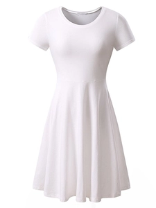 Detail of a white short-sleeve A-line dress with round neck and high waist silhouette