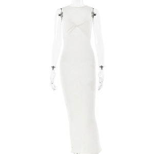 Robe longue blanche sans manches en maille moulante avec col rond et nœud devant