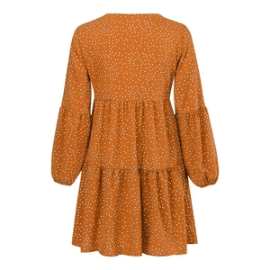 Back view of mustard yellow polka dot long sleeve tiered ruffle mini dress for women